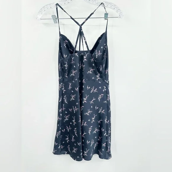 Abercrombie & Fitch Women's Navy Satin Floral Slip Mini Dress Cowl Neck Size XSP - Picture 3 of 5